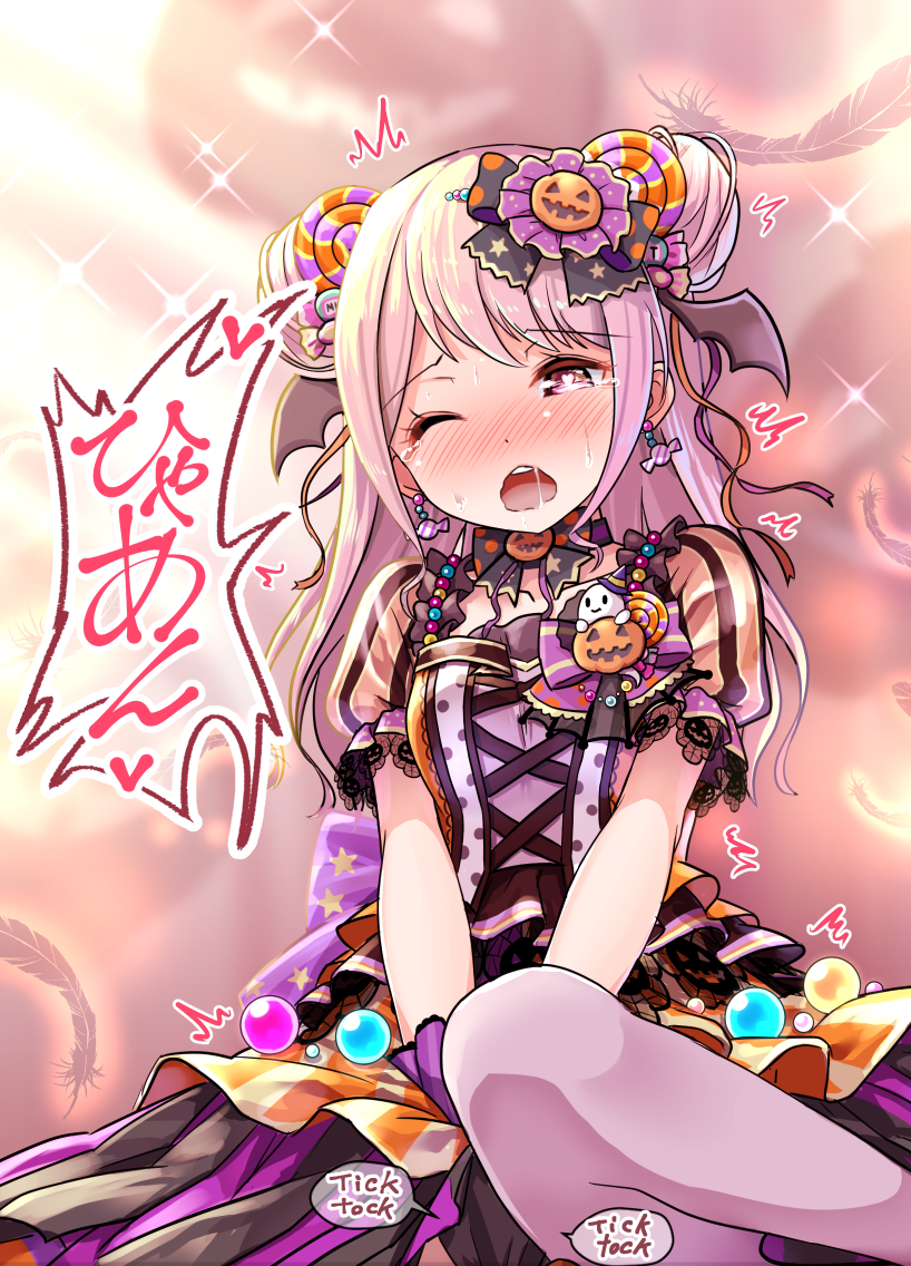 1girl alternate_hairstyle back_bow bang_dream! bangs blush bow bowtie candy_hair_ornament commentary_request cross-laced_clothes double_bun dress earrings eyebrows_visible_through_hair feathers food_themed_hair_ornament frilled_sleeves frills hair_ornament halloween_costume head_wings heart heart-shaped_pupils implied_vibrator jack-o'-lantern jewelry long_hair maruyama_aya multicolored multicolored_clothes multicolored_dress open_mouth pantyhose pink_eyes pink_hair purple_legwear saliva shipii_(jigglypuff) short_sleeves solo sparkle symbol-shaped_pupils tearing_up translated twitching upper_teeth