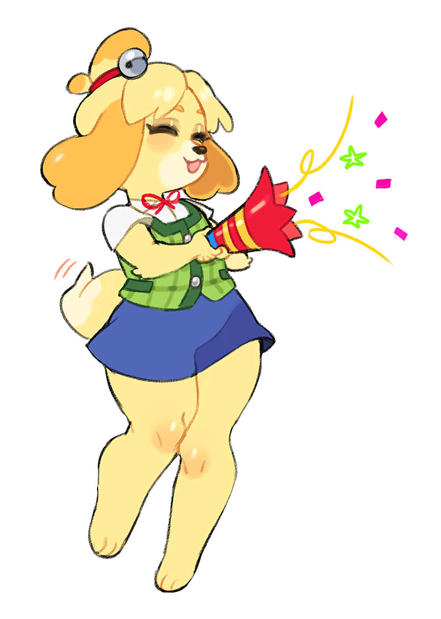 animal_crossing anthro bell big_ears blush canine clothed clothing cute dog eyes_closed female floppy_ears fur isabelle_(animal_crossing) mammal nintendo open_mouth paperose party_popper shih_tzu shirt simple_background skirt smile solo standing thick_thighs video_games white_background wide_hips