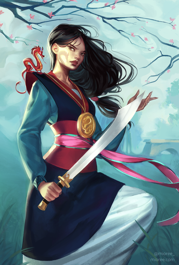 ambiguous_gender black_hair brown_eyes clothing detailed_background disney dragon duo eastern_dragon fa_mulan female female_focus feral flower grass hair holding_object holding_weapon human human_focus larger_female looking_at_viewer mammal melee_weapon mioree mulan_(copyright) mushu outside plant size_difference smaller_ambiguous solo_focus sword tree weapon wind