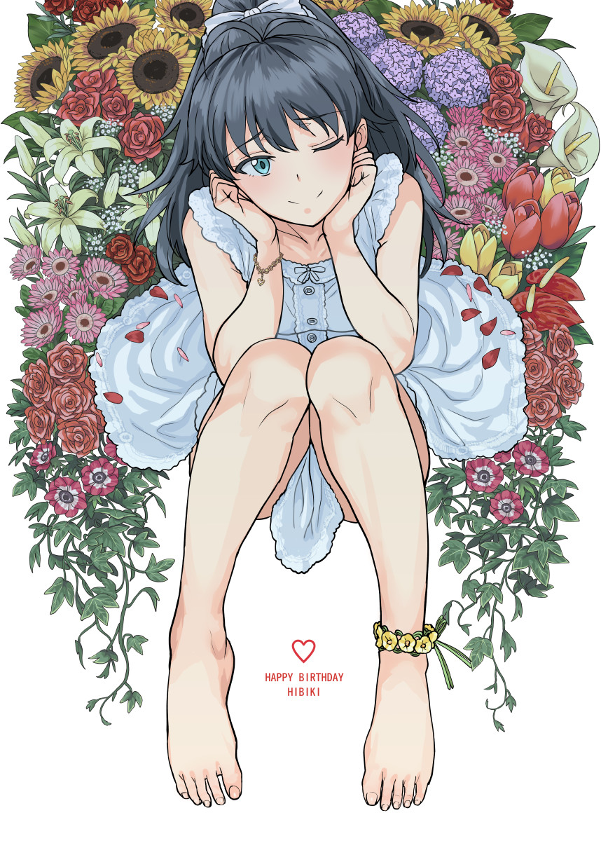 ;) anemone_(flower) antenna_hair anthurium aqua_eyes baby's-breath bangs bare_arms bare_legs bare_shoulders barefoot black_hair bracelet calla_lily character_name chin_rest closed_mouth collarbone dress earrings eyebrows_visible_through_hair feet floral_background flower flower_anklet frilled_dress frills from_above full_body ganaha_hibiki hair_ornament happy_birthday head_rest head_tilt heart high_ponytail highres hoop_earrings hydrangea idolmaster idolmaster_(classic) jewelry knees_together_feet_apart lily_(flower) long_hair looking_at_viewer looking_up one_eye_closed ponytail red_flower red_rose rose sitting sleeveless sleeveless_dress smile solo sunflower toenails toes tsurui tulip white_dress