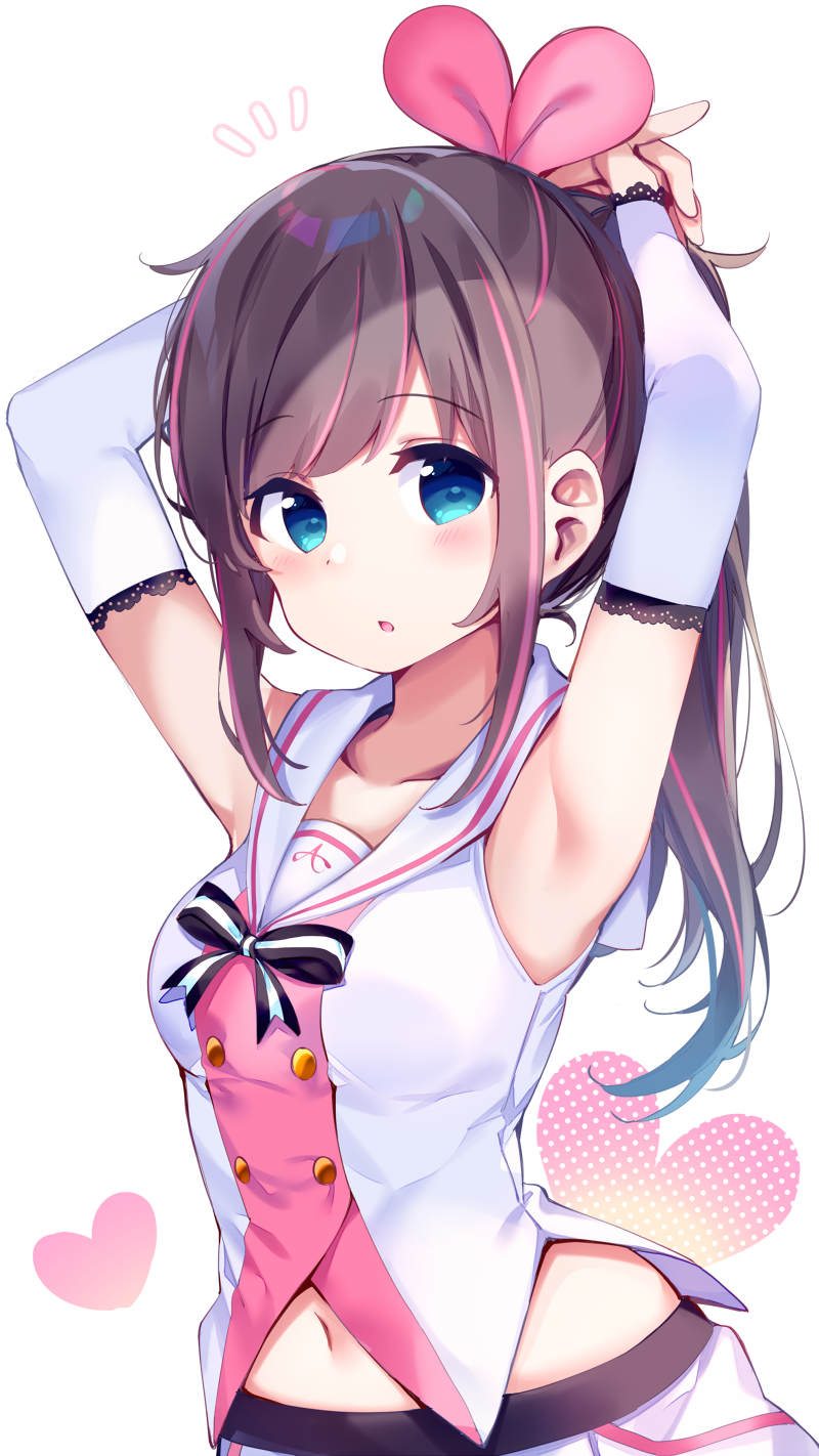 a.i._channel armpits arms_up bangs black_bow blue_eyes bow breasts brown_hair chikuwa. collarbone commentary_request detached_sleeves eyebrows_visible_through_hair hair_ribbon heart highres kizuna_ai long_hair long_sleeves looking_at_viewer multicolored_hair navel notebook parted_lips pink_hair pink_ribbon ponytail ribbon sailor_collar shirt sidelocks simple_background sleeveless sleeveless_shirt small_breasts solo streaked_hair striped striped_bow virtual_youtuber white_background white_sailor_collar white_shirt