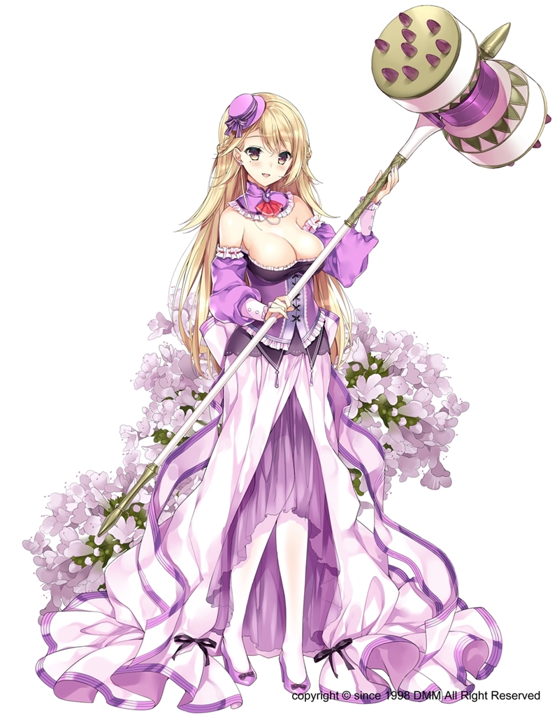 back_bow blonde_hair bow breasts brown_eyes cleavage detached_collar detached_sleeves flower flower_knight_girl full_body hammer hat hat_bow high_heels holding holding_hammer large_breasts long_hair looking_at_viewer object_namesake official_art oregano_(flower_knight_girl) pantyhose pikomint purple_footwear purple_hat purple_sleeves simple_background skirt smile solo standing white_background white_legwear white_skirt