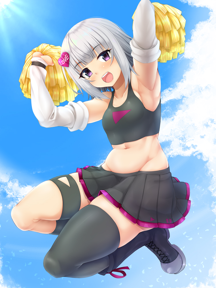 :d amau_(kosmos) armpits arms_up bangs bare_shoulders black_footwear black_legwear black_skirt blue_sky boots breasts crop_top day detached_sleeves eyebrows_visible_through_hair full_body groin hair_ornament heart heart_hair_ornament holding long_sleeves looking_at_viewer midair miniskirt moemi_&amp;_yomemi_channel navel open_mouth pleated_skirt pom_pom_(clothes) purple_eyes short_hair silver_hair single_thighhigh skirt sky small_breasts smile solo tank_top teeth thighhighs virtual_youtuber yomemi
