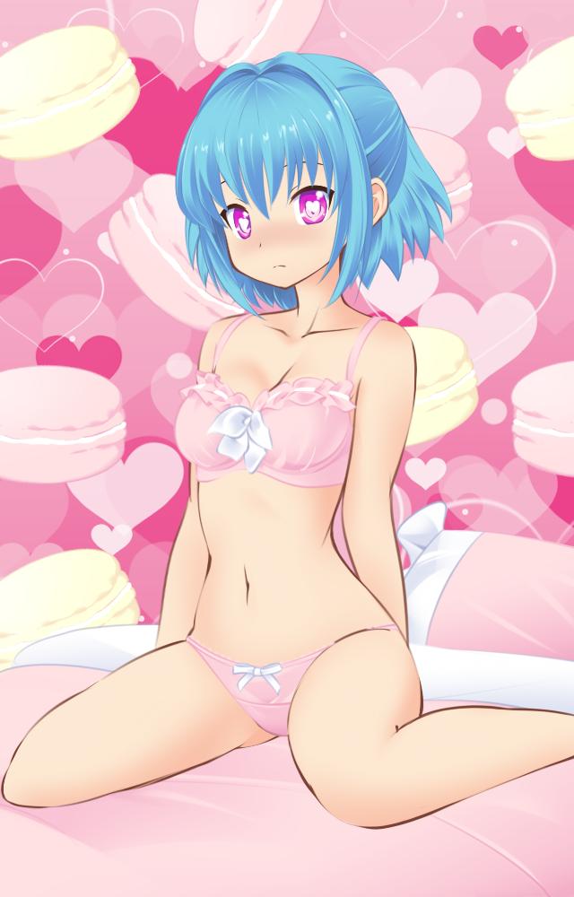 aqua_hair arm_behind_back bangs bed bow bow_bra bow_panties bra breasts cleavage closed_mouth crotch_seam expressionless food frilled_bra frills full_body heart heart-shaped_pupils heart_print legs light_frown looking_at_viewer macaron medium_breasts navel official_art on_bed panties pillow pink_background pink_bra pink_panties purple_eyes short_hair sitting solo soulgirl symbol-shaped_pupils underwear underwear_only wariza