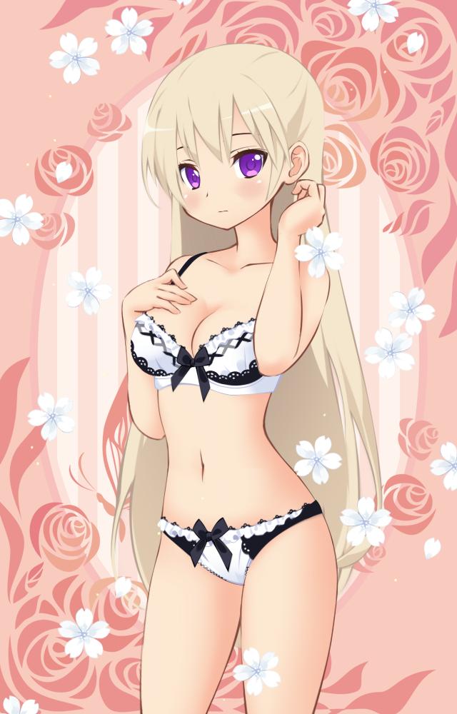 blonde_hair blush bow bow_bra bow_panties bra breasts cleavage closed_mouth collarbone cowboy_shot floral_background floral_print hand_in_hair hand_on_own_chest lace lace-trimmed_bra lace-trimmed_panties light_frown long_hair looking_at_viewer navel official_art panties petals pink_background purple_eyes solo soulgirl standing striped striped_background thighs underwear underwear_only vertical-striped_background vertical_stripes white_bra white_panties