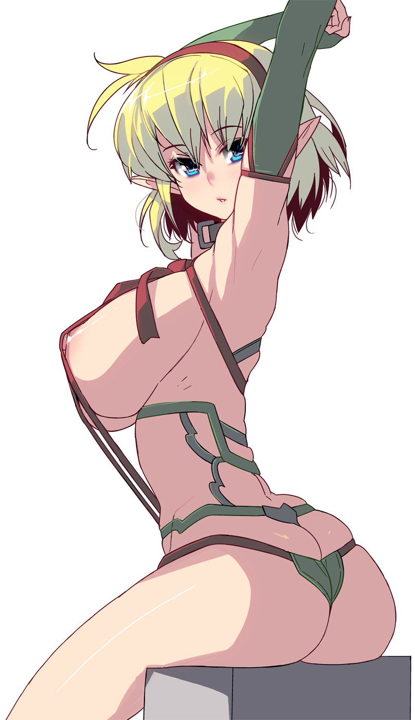 arched_back armpits arms_up ass blonde_hair blue_eyes breasts elf from_behind highres large_breasts looking_at_viewer looking_back masao original pointy_ears short_hair sideboob sitting