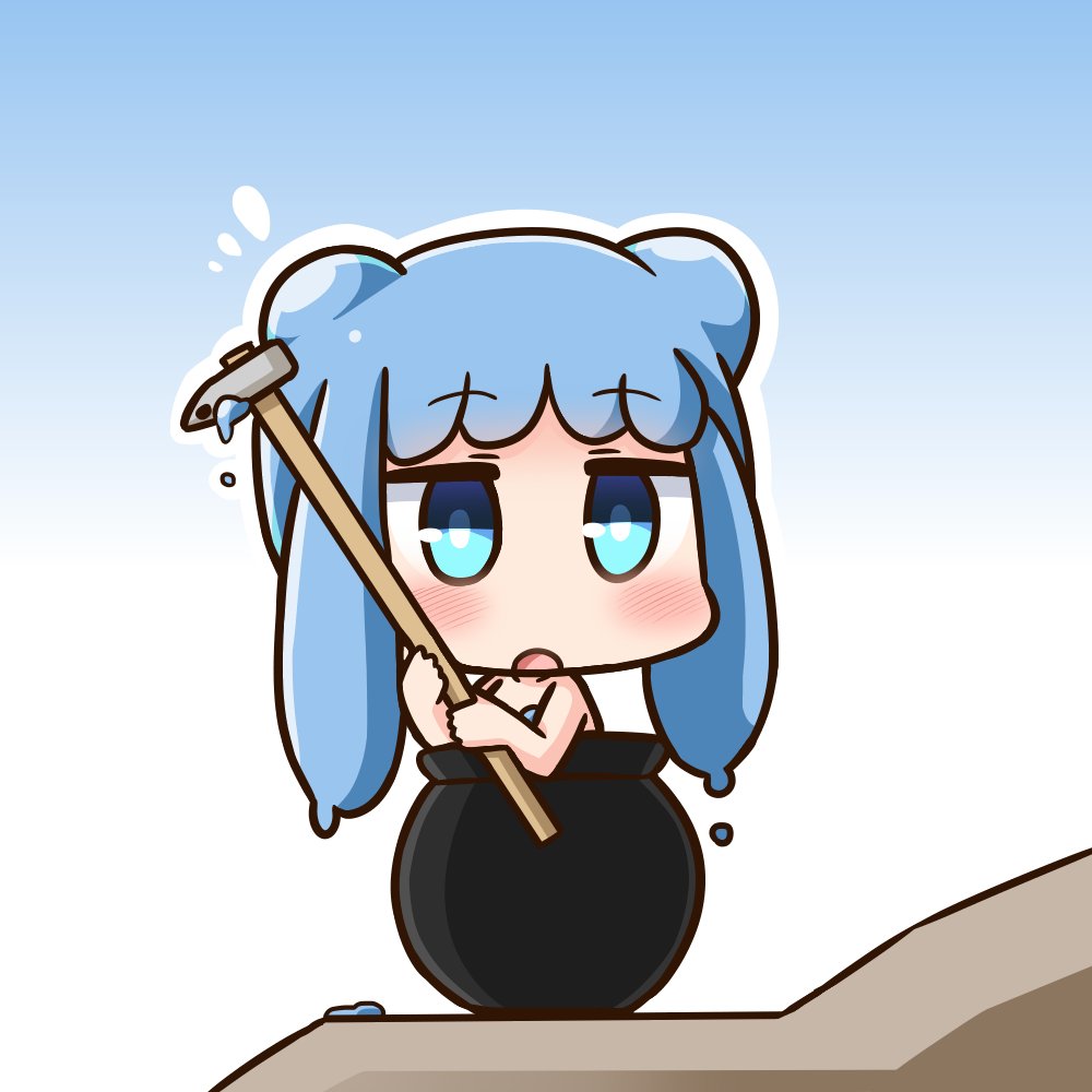 :o bangs blue_background blue_eyes blue_hair blush cauldron chibi collarbone commentary_request double_bun eyebrows_visible_through_hair getting_over_it goo_girl gradient gradient_background half_slime-chan hammer hana_kazari holding holding_hammer long_hair looking_at_viewer monster_girl nude open_mouth original sidelocks sledgehammer solo white_background