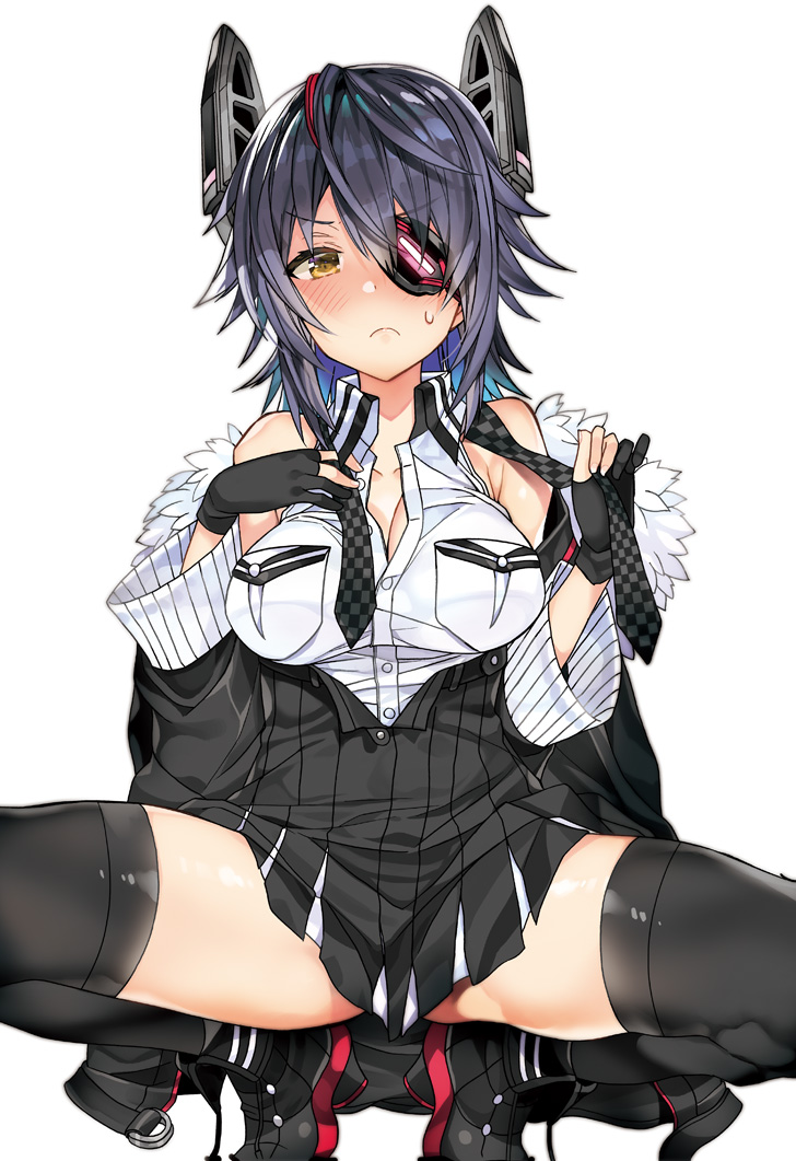 araki_kanao bangs bare_shoulders black_gloves black_jacket black_legwear black_skirt blush breasts checkered checkered_neckwear cleavage closed_mouth commentary_request dress_shirt eyepatch frown fur-trimmed_jacket fur_trim gloves headgear high-waist_skirt jacket kantai_collection looking_at_viewer medium_breasts necktie necktie_removed off_shoulder open_clothes open_jacket partly_fingerless_gloves pleated_skirt purple_hair shirt short_hair simple_background skirt sleeveless solo spread_legs squatting tenryuu_(kantai_collection) thighhighs thighs white_background yellow_eyes