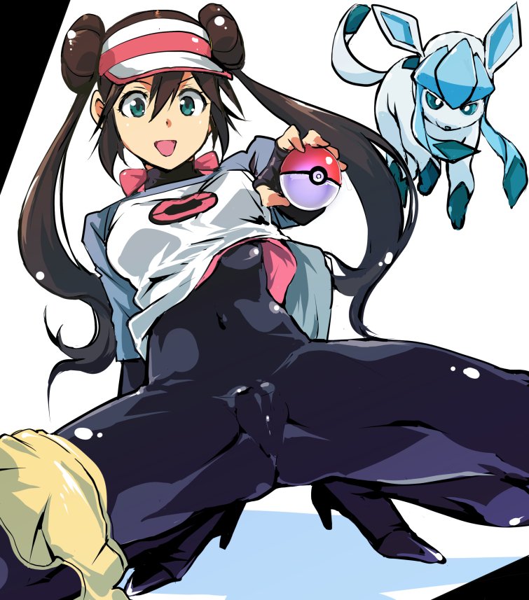 black_bodysuit blue_eyes bodysuit bodysuit_under_clothes bow breasts brown_hair cameltoe commentary covered_navel double_bun gen_4_pokemon glaceon long_hair looking_at_viewer mei_(pokemon) open_mouth pink_bow pokemon pokemon_(creature) pokemon_(game) pokemon_bw2 raglan_sleeves shoes short_shorts shorts skin_tight smile solo spread_legs squatting twintails very_long_hair visor_cap yellow_shorts yuya