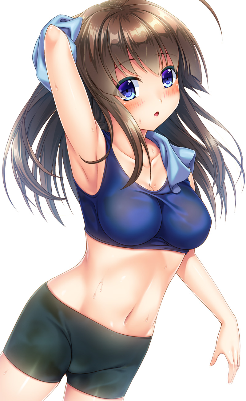 :o ahoge arm_behind_head arm_up armpits bangs bike_shorts black_shorts blue_eyes blue_shirt blue_sports_bra blush breasts brown_hair cleavage collarbone commentary_request cowboy_shot drying dutch_angle eyebrows_visible_through_hair highres holding holding_towel long_hair looking_at_viewer medium_breasts navel noshimasa original parted_lips partial_commentary see-through shirt short_shorts shorts simple_background solo sports_bra standing sweat towel wet wet_clothes white_background