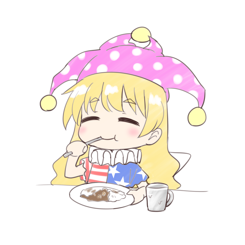 :t ^_^ american_flag_dress bangs blonde_hair blue_dress blush chibi closed_eyes clownpiece commentary_request cup curry curry_rice dress eyebrows_visible_through_hair food hand_up hat holding holding_plate holding_spoon jester_cap long_hair neck_ruff nibi pink_hat plate polka_dot_hat red_dress rice short_sleeves simple_background smile solo spoon star star_print striped striped_dress touhou upper_body white_background white_dress