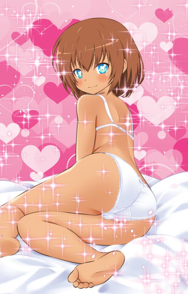 aqua_eyes ass back bangs bow bow_panties bra brown_hair closed_mouth crotch_seam dark_skin feet from_behind heart heart_print lace lace-trimmed_panties legs light_particles looking_at_viewer looking_back lying official_art on_side panties pink_background smile soles solo soulgirl sparkle underwear underwear_only white_bra white_panties