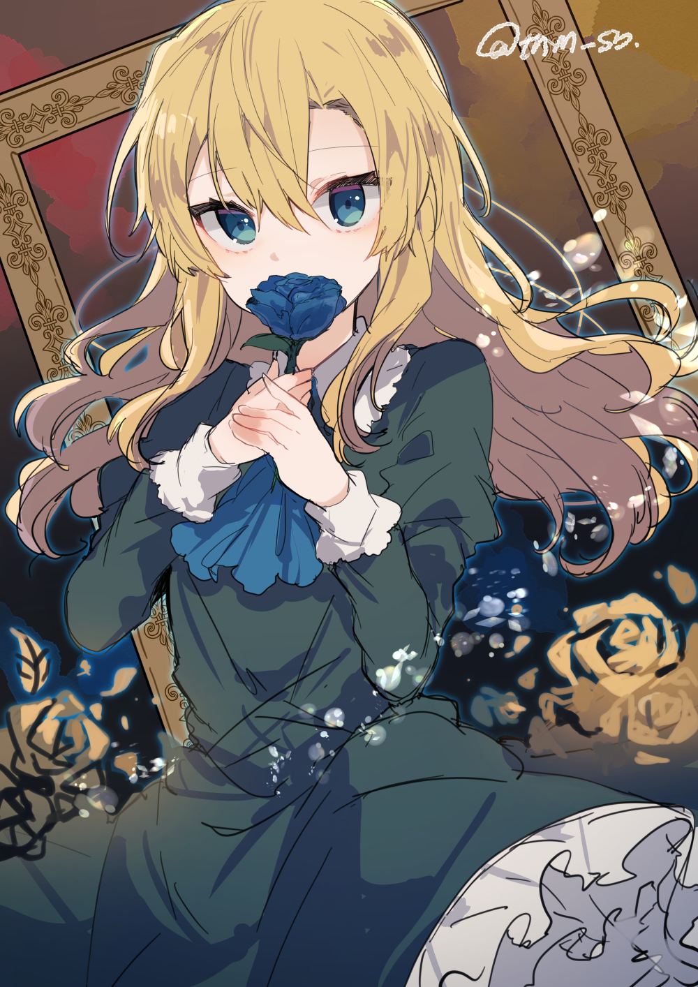 ascot bangs blonde_hair blue_eyes blue_flower blue_neckwear blue_rose brown_background cowboy_shot dress eyebrows_visible_through_hair flower frilled_dress frills green_dress hair_between_eyes highres holding holding_flower ib ikeuchi_tanuma juliet_sleeves light_particles long_hair long_sleeves mary_(ib) picture_frame puffy_sleeves rose sketch sleeve_cuffs smelling solo twitter_username yellow_flower yellow_rose