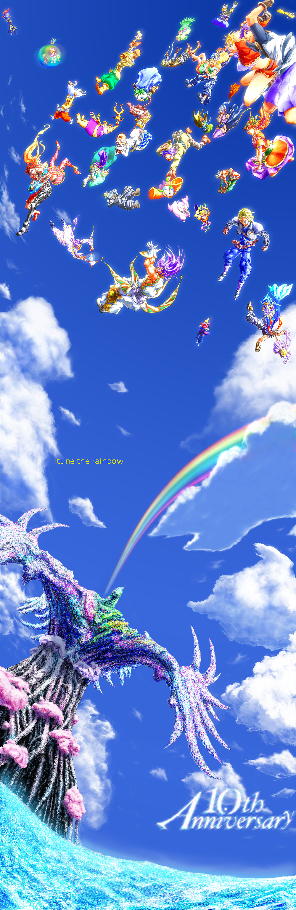 bancliff blonde_hair blue_hair blue_sky chrono_cross cloud commentary_request day draggy glenn guile_(chrono_cross) highres hoshi_no_ko imomushi_(ioment) karsh kid_(chrono_cross) leah long_hair lynx marcy_(chrono_cross) miki_(chrono_cross) multiple_boys multiple_girls nikki_(chrono_cross) outdoors poshul razzly rena_(chrono_cross) riddel serge short_hair skelly sky tsukuyomi_(chrono_cross) zoah