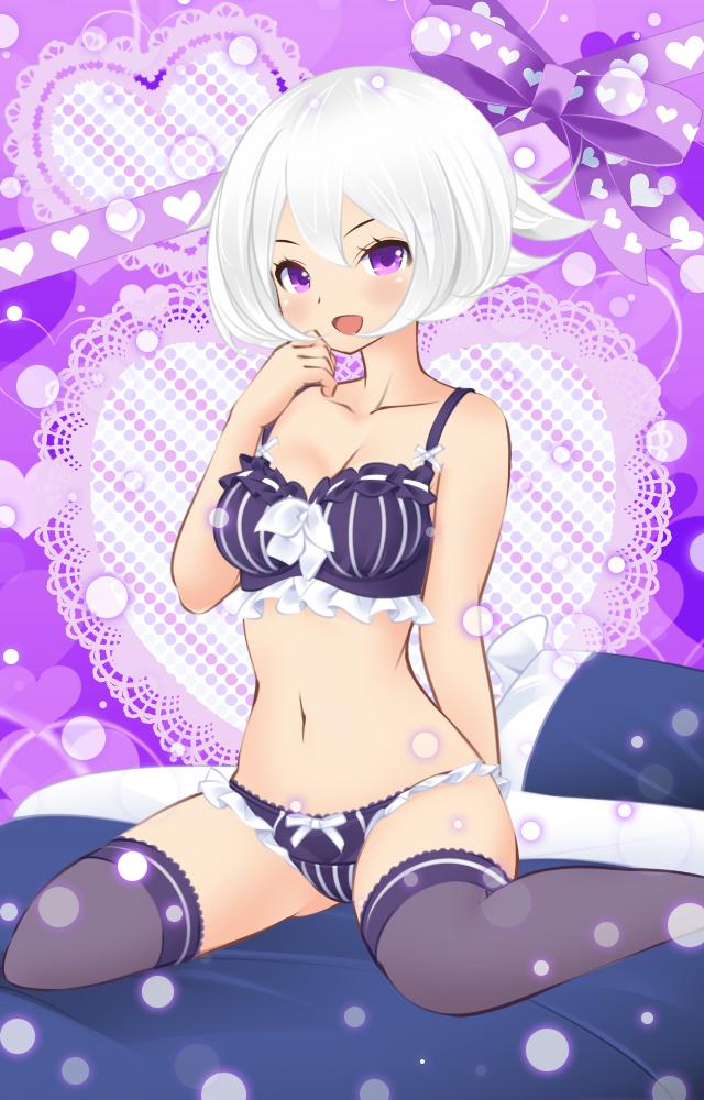 arm_behind_back bangs bed black_bra black_legwear black_panties bow bow_bra bow_panties bra breasts cleavage doily frilled_bra frilled_panties frills full_body garters hand_to_own_mouth heart heart_print legs looking_at_viewer medium_breasts navel official_art on_bed open_mouth panties pillow purple_eyes purple_panties short_hair sitting smile solo soulgirl thighhighs underwear underwear_only wariza white_hair