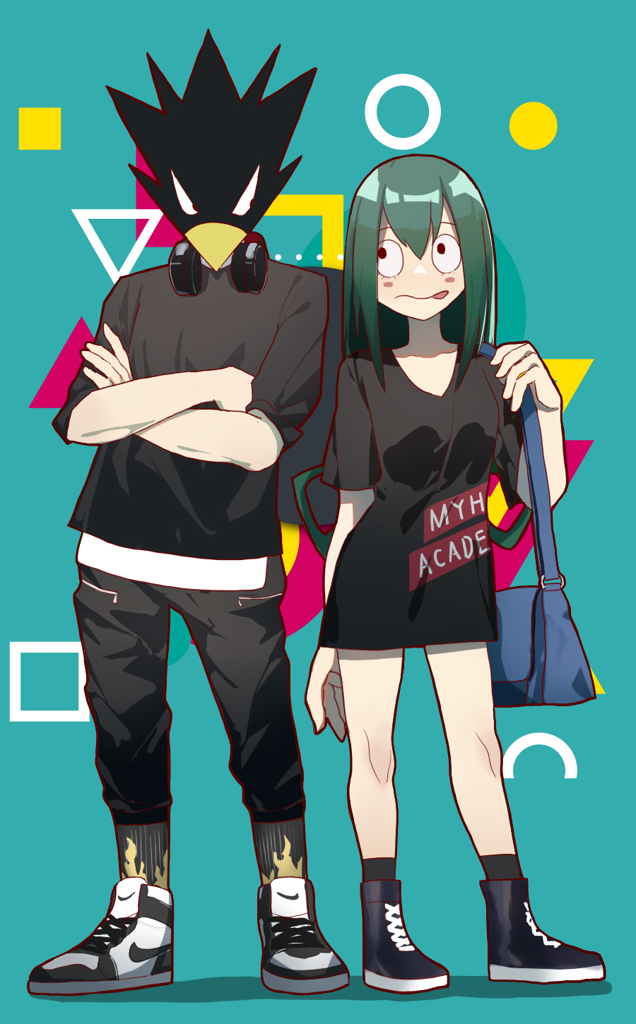 1girl animal_head asui_tsuyu bag bangs beak bird_boy black_eyes black_footwear black_legwear black_pants black_shirt blue_bag blush_stickers boku_no_hero_academia capri_pants closed_mouth collarbone commentary cross-laced_footwear crossed_arms eye_contact eyelashes fashion flame_print frog_girl full_body green_hair hair_rings headphones headphones_around_neck highres long_hair long_shirt long_tongue looking_at_another low-tied_long_hair pants parted_bangs print_legwear ribbed_legwear sanpaku shadow shirt shoes short_sleeves shoulder_bag sneakers sportswear standing symbol_commentary tokoyami_fumikage tongue tongue_out track_pants vic