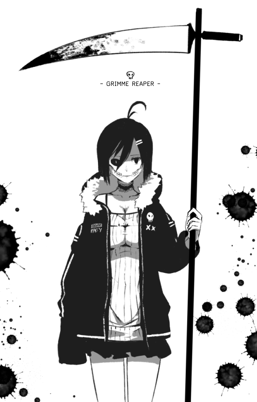 antenna_hair arm_at_side bare_shoulders breasts choker cleavage closed_mouth clothes_writing collarbone commentary cowboy_shot death_(entity) dishwasher1910 english english_commentary glasgow_smile greyscale grim_reaper hair_between_eyes holding hood hood_down hooded_jacket jacket long_sleeves medium_breasts miniskirt mismatched_sclera monochrome original scythe shaded_face short_hair simple_background skirt skull smile solo splatter sweater teeth thighs white_background