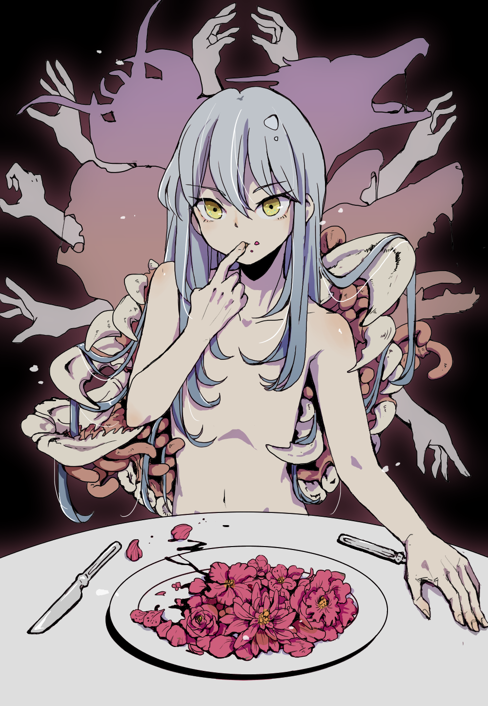 androgynous blood blue_hair body_horror commentary_request eating eyebrows_visible_through_hair finger_licking finger_to_mouth flower fork guro hair_between_eyes highres knife licking long_hair looking_at_viewer mado_cat02 nude plate rimuru_tempest sitting solo_focus table tensei_shitara_slime_datta_ken yellow_eyes