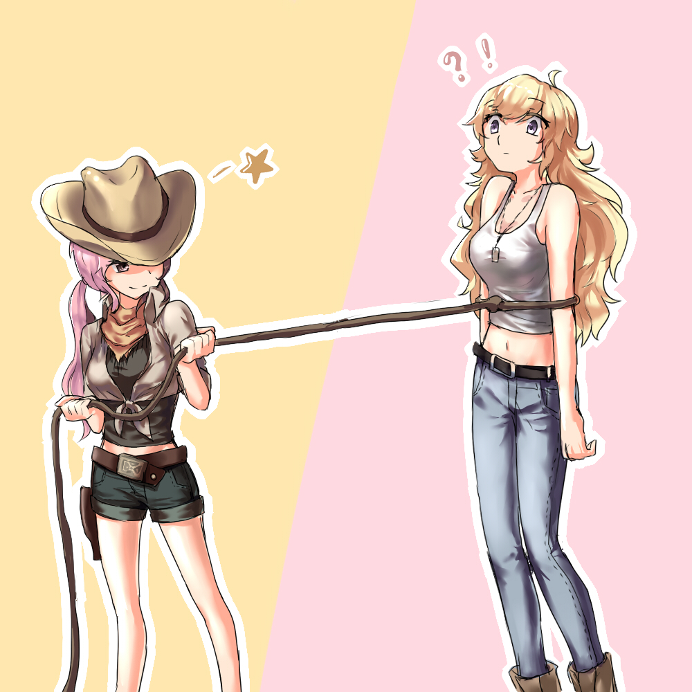 2girls belt blonde_hair brown_hair commentary cowboy_hat denim denim_shorts dog_tags hat holster jeans lasso multicolored_hair multiple_girls neo_(rwby) pants pink_hair rope rwby shorts smile tl yang_xiao_long