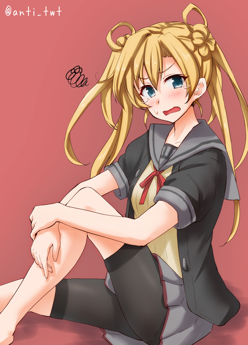 abukuma_(kantai_collection) anti_(untea9) bike_shorts black_gloves black_jacket blonde_hair blue_eyes commentary_request double_bun feet_out_of_frame gloves grey_sailor_collar grey_skirt hair_rings highres jacket kantai_collection long_hair looking_at_viewer neck_ribbon open_mouth partly_fingerless_gloves red_background red_ribbon remodel_(kantai_collection) ribbon sailor_collar shorts shorts_under_skirt simple_background sitting skirt solo squiggle tears twitter_username wavy_mouth