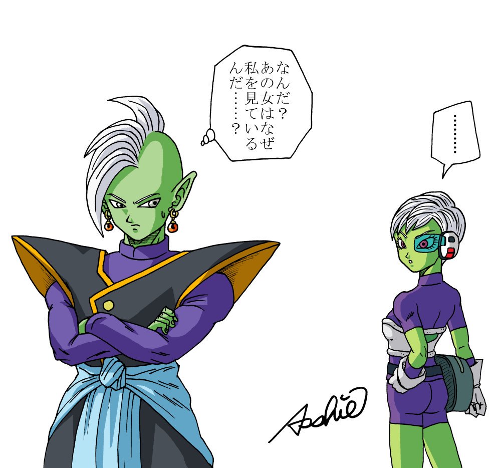 1boy 1girl artist_request breastplate breasts chirai dragon_ball dragon_ball_super female gloves green_skin looking_back no_humans pointy_ears purple_eyes short_hair simple_background translation_request white_background white_hair zamasu