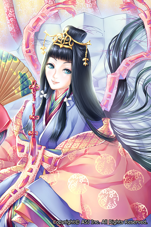 bangs black_hair blue_eyes blunt_bangs commentary_request company_name fan folding_fan hair_ornament isomine japanese_clothes jikuu_haouden karaginu_mo kimono layered_clothing layered_kimono long_hair looking_at_viewer official_art paper_fan princess ribbon-trimmed_clothes ribbon_trim sidelocks smile solo very_long_hair