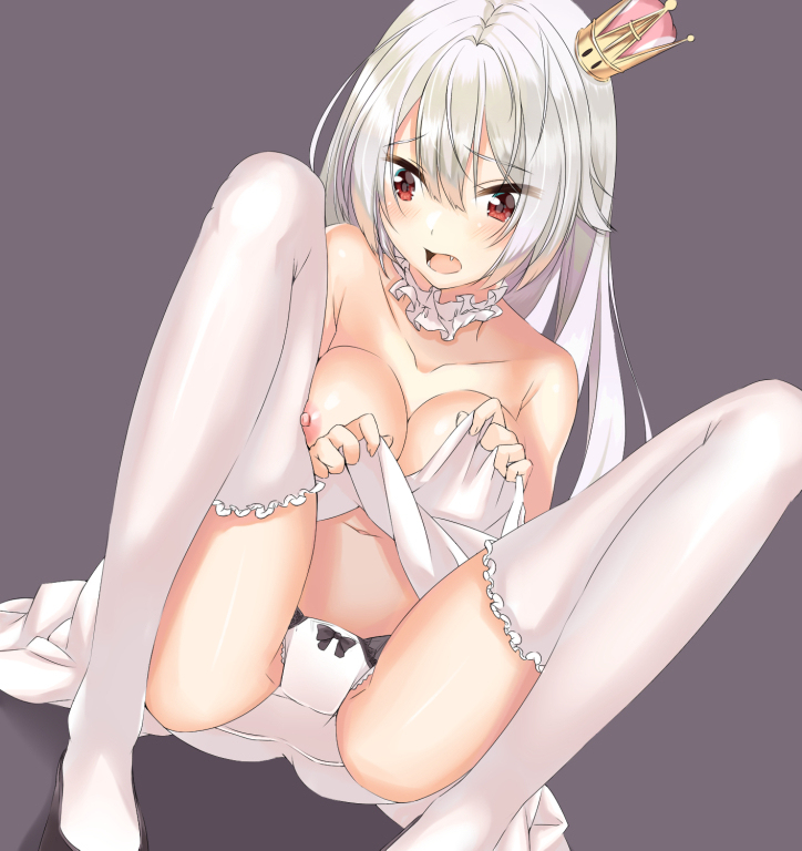 1girl bad_id bad_pixiv_id bangs black_footwear blush bow bow_panties breasts collarbone crown eyebrows_visible_through_hair fang female hair_between_eyes hands_up lifted_by_self long_hair medium_breasts mini_crown navel new_super_mario_bros._u_deluxe nipples open_mouth panties popitin_pontin princess_king_boo purple_background red_eyes shiny shiny_hair shiny_skin shoes simple_background skirt skirt_lift solo spread_legs squatting super_crown thighhighs tilted_headwear topless underwear white_hair white_legwear white_panties white_skirt