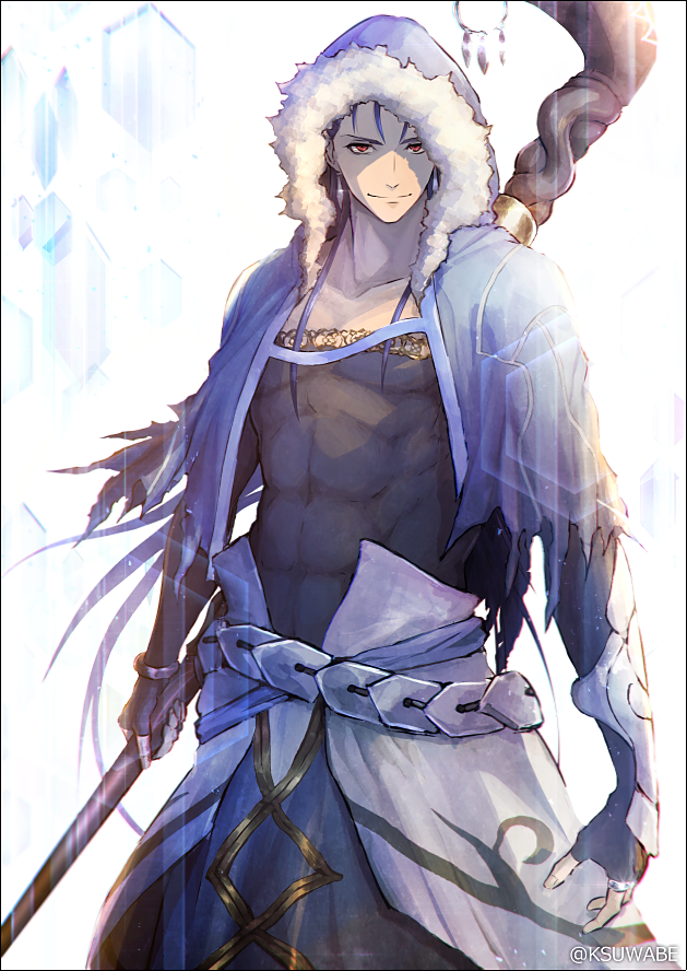1boy abs arm_guards belt blue_hair bodysuit capelet commentary_request cu_chulainn_(fate/grand_order) earrings fate/grand_order fate_(series) fingerless_gloves fur_trim gloves hair_between_eyes holding holding_staff hood hooded_capelet ice_crystal jewelry kei-suwabe lancer looking_at_viewer multiple_belts muscle red_eyes shirt sidelocks smile solo staff standing tight_shirt twitter_username upper_body white_background