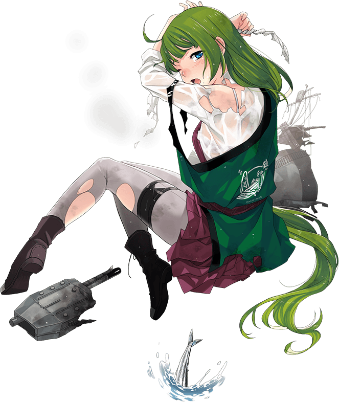 back_turned boots braid coat cross-laced_footwear dress fish fujikawa full_body gloves gloves_removed green_hair grey_legwear hair_undone headband kantai_collection lace-up_boots long_hair machinery mole mole_under_mouth necktie official_art pantyhose saury school_uniform shirt sleeveless sleeveless_dress solo torn_clothes torn_legwear transparent_background very_long_hair wet wet_clothes white_shirt yuugumo_(kantai_collection)