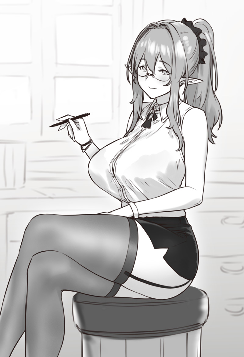 blush breasts brown_haired_glasses_elf_(houtengeki) chair crossed_legs desk elf eyebrows_visible_through_hair hair_intakes head_tilt houtengeki huge_breasts indoors long_hair looking_at_viewer looking_to_the_side miniskirt original pen pencil_skirt pointy_ears ponytail scrunchie sitting sketch skirt solo thighhighs window