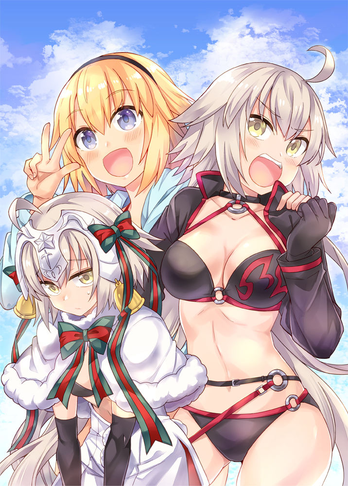 ahoge bangs bell bikini black_bikini black_bikini_top black_choker black_gloves black_hairband black_jacket blue_jacket blue_sky bow braid breasts capelet choker cleavage cloud cloudy_sky collarbone commentary_request cropped_jacket day elbow_gloves eyebrows_visible_through_hair fate/grand_order fate_(series) front-tie_bikini front-tie_top fur-trimmed_capelet fur_trim gloves green_bow green_ribbon hair_between_eyes hairband hand_on_another's_shoulder headpiece hood hood_down hooded_jacket jacket jeanne_d'arc_(alter_swimsuit_berserker) jeanne_d'arc_(fate)_(all) jeanne_d'arc_(swimsuit_archer) jeanne_d'arc_alter_santa_lily large_breasts long_braid long_hair looking_at_viewer midriff multiple_girls navel o-ring o-ring_bikini o-ring_bottom o-ring_top open_clothes open_jacket open_mouth outdoors ribbon sad shrug_(clothing) silver_hair single_braid sky small_breasts standing stomach striped striped_bow striped_ribbon swimsuit takitarou thigh_gap thighs v very_long_hair yellow_eyes