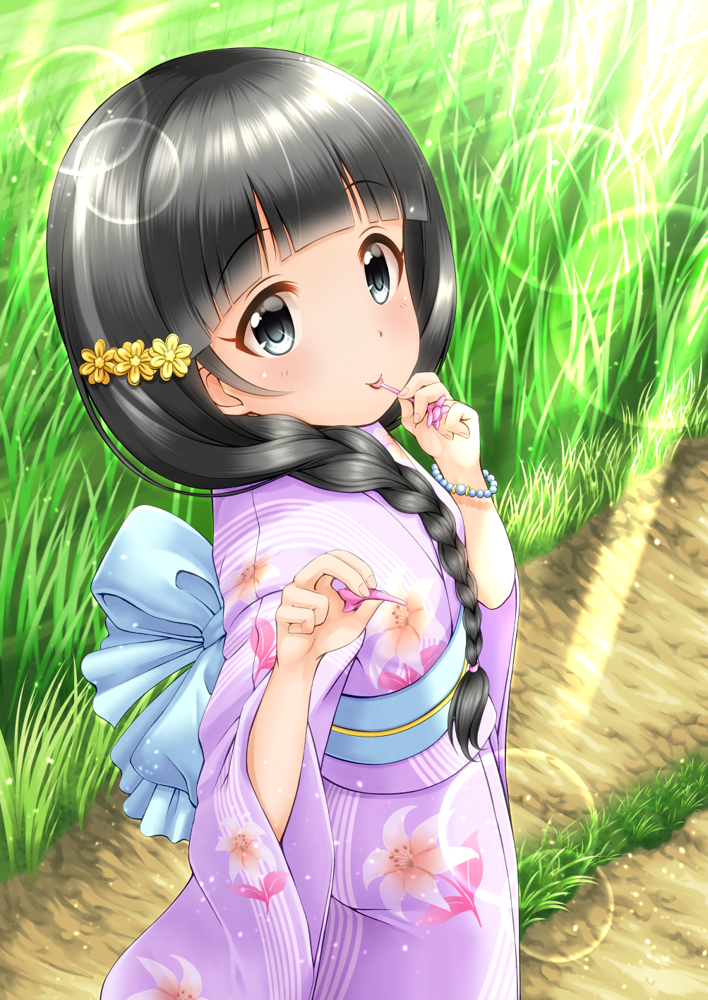 back_bow black_hair blue_bow blush bow braid closed_mouth day dress floral_print flower grass hair_flower hair_ornament hair_over_shoulder highres idolmaster idolmaster_cinderella_girls japanese_clothes kimono lens_flare long_hair long_sleeves looking_at_viewer md5_mismatch obi outdoors print_kimono purple_kimono regular_mow road sash side_braid single_braid smile solo standing sunlight tongue tongue_out ujiie_mutsumi very_long_hair wide_sleeves yellow_flower