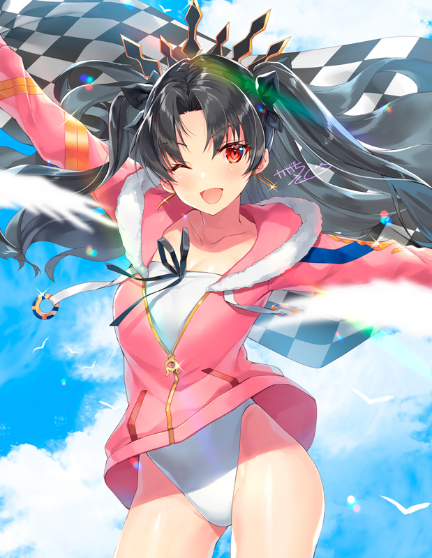 ;d arm_up bangs black_hair black_ribbon blue_sky blurry blurry_foreground blush checkered cloud cloudy_sky collarbone commentary_request contrapposto cowboy_shot day depth_of_field drawstring earrings eyebrows_visible_through_hair fate/grand_order fate_(series) floating_hair fur-trimmed_hood fur_trim glint hair_between_eyes head_tilt hood hood_down hooded_jacket hoop_earrings ishtar_(fate/grand_order) ishtar_(swimsuit_rider)_(fate) jacket jewelry kagachi_saku long_hair long_sleeves looking_at_viewer one_eye_closed open_mouth outdoors outstretched_arms parted_bangs pink_jacket red_eyes ribbon signature sky smile solo standing strapless strapless_swimsuit swimsuit tiara two_side_up white_swimsuit