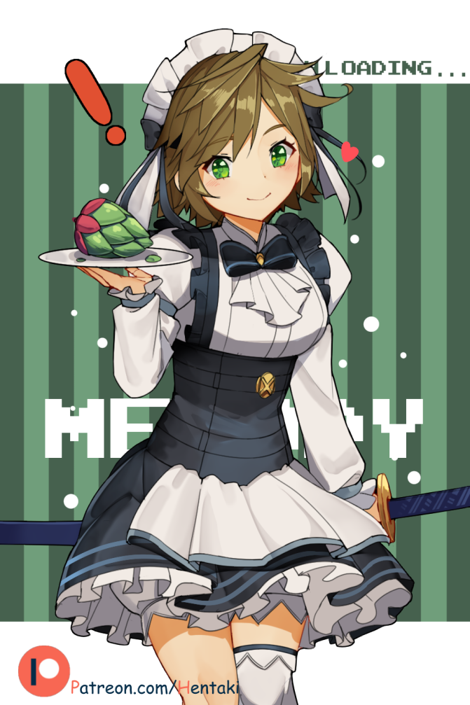 1girl apron asymmetrical_legwear bangs black_skirt bloomers blush brown_hair closed_mouth commentary dragalia_lost english_commentary eyebrows_visible_through_hair frilled_skirt frills green_eyes head_tilt heart hentaki holding holding_plate holding_sheath juliet_sleeves katana long_sleeves maid maid_headdress melody_(dragalia_lost) plate pleated_skirt puffy_sleeves sheath sheathed shirt single_thighhigh skirt smile solo striped striped_background sword thighhighs underwear vertical-striped_background vertical_stripes waist_apron watermark weapon web_address white_apron white_bloomers white_legwear white_shirt