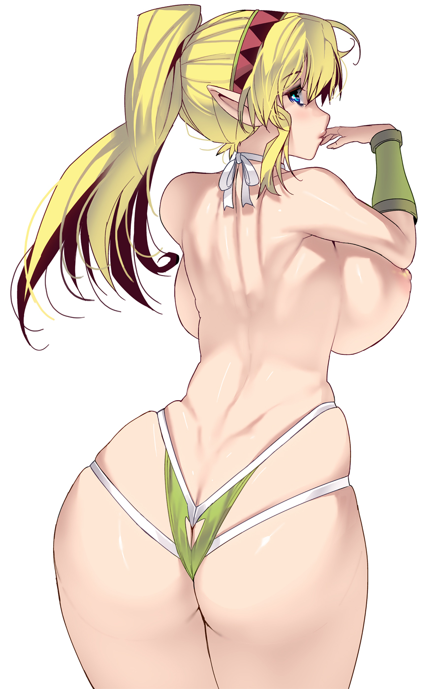 ass back backboob blonde_hair blue_eyes breasts butt_crack curvy elf hairband highres huge_breasts looking_back masao nipples original pointy_ears ponytail simple_background solo thighs white_background