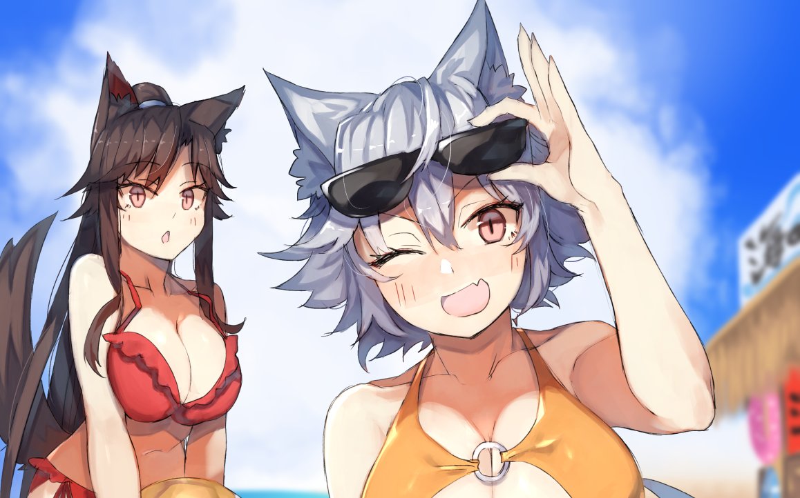 ;d adjusting_eyewear animal_ear_fluff animal_ears arm_up ball bangs bare_arms bare_shoulders beachball bikini blue_sky blurry blurry_background blush breasts brown_hair cleavage collarbone commentary_request day eyebrows_visible_through_hair eyewear_on_head fang hair_between_eyes hair_tie holding holding_ball imaizumi_kagerou inubashiri_momiji kasuka_(kusuki) large_breasts long_hair long_ponytail looking_at_viewer multiple_girls navel one_eye_closed open_mouth orange_bikini outdoors ponytail red_bikini red_eyes sidelocks silver_hair sky smile stomach sunglasses swimsuit tail touhou upper_body v-shaped_eyebrows very_long_hair wolf_ears wolf_tail