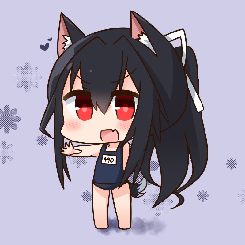 :d animal_ear_fluff animal_ears azur_lane bangs bare_arms bare_legs bare_shoulders barefoot black_hair blue_swimsuit blush chibi commentary_request eyebrows_visible_through_hair fang full_body hair_between_eyes hair_ribbon hana_kazari heart long_hair looking_at_viewer old_school_swimsuit one-piece_swimsuit open_mouth outstretched_arm ponytail purple_background red_eyes ribbon school_swimsuit shigure_(azur_lane) smile solo standing swimsuit tail v-shaped_eyebrows very_long_hair white_ribbon wolf_ears wolf_girl wolf_tail