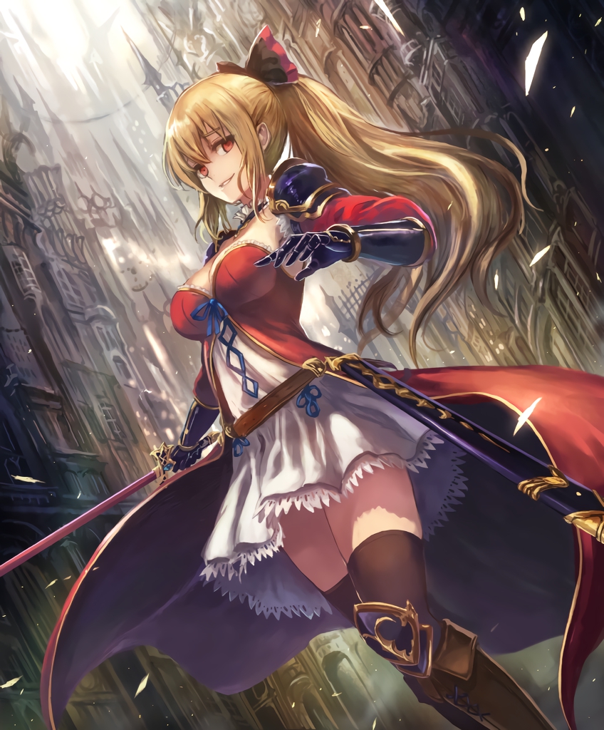 breasts gloves granblue_fantasy hair_bow holding holding_sword holding_weapon long_hair looking_at_viewer ponytail red_eyes smile sword thighhighs vira_lilie weapon zettai_ryouiki