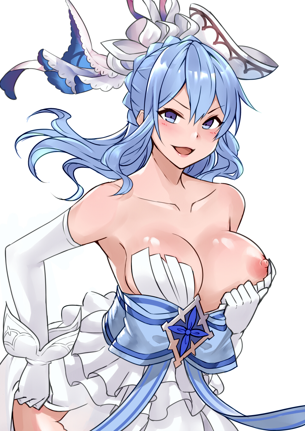bangs bare_shoulders blue_eyes blue_hair blush braid breasts collarbone dress dress_pull elbow_gloves french_braid gloves granblue_fantasy hair_between_eyes hair_ornament hair_ribbon highres hips large_breasts long_hair looking_at_viewer nipples one_breast_out open_mouth ribbon sash simple_background smile solo surock therese_(granblue_fantasy) white_background white_dress white_gloves