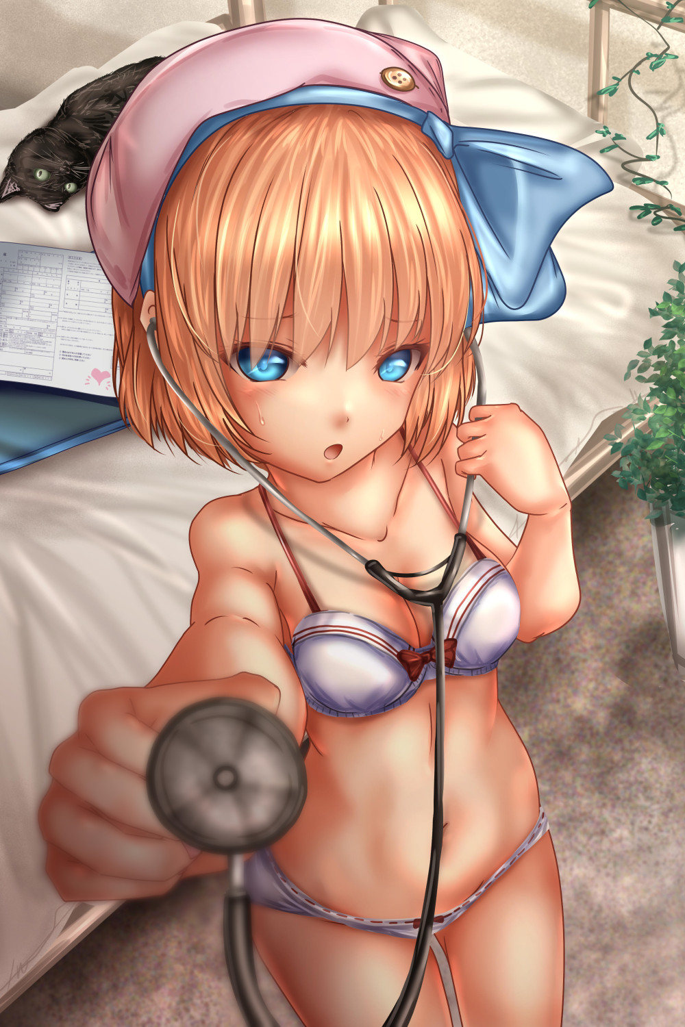 :o alice_margatroid alice_margatroid_(pc-98) ass_visible_through_thighs bangs beret blonde_hair blue_eyes blue_hairband blurry blurry_background blush bow bow_bra bow_panties bra breasts cat cleavage collarbone cowboy_shot day depth_of_field eyebrows_visible_through_hair foreshortening futon hairband hat hat_bow highres holding ivy leaning_forward looking_at_viewer medium_breasts navel open_mouth outdoors panties pink_hat plant ribbon-trimmed_panties short_hair shounen_(hogehoge) skindentation solo standing stethoscope sweatdrop thighs touhou touhou_(pc-98) underwear underwear_only white_bra white_panties