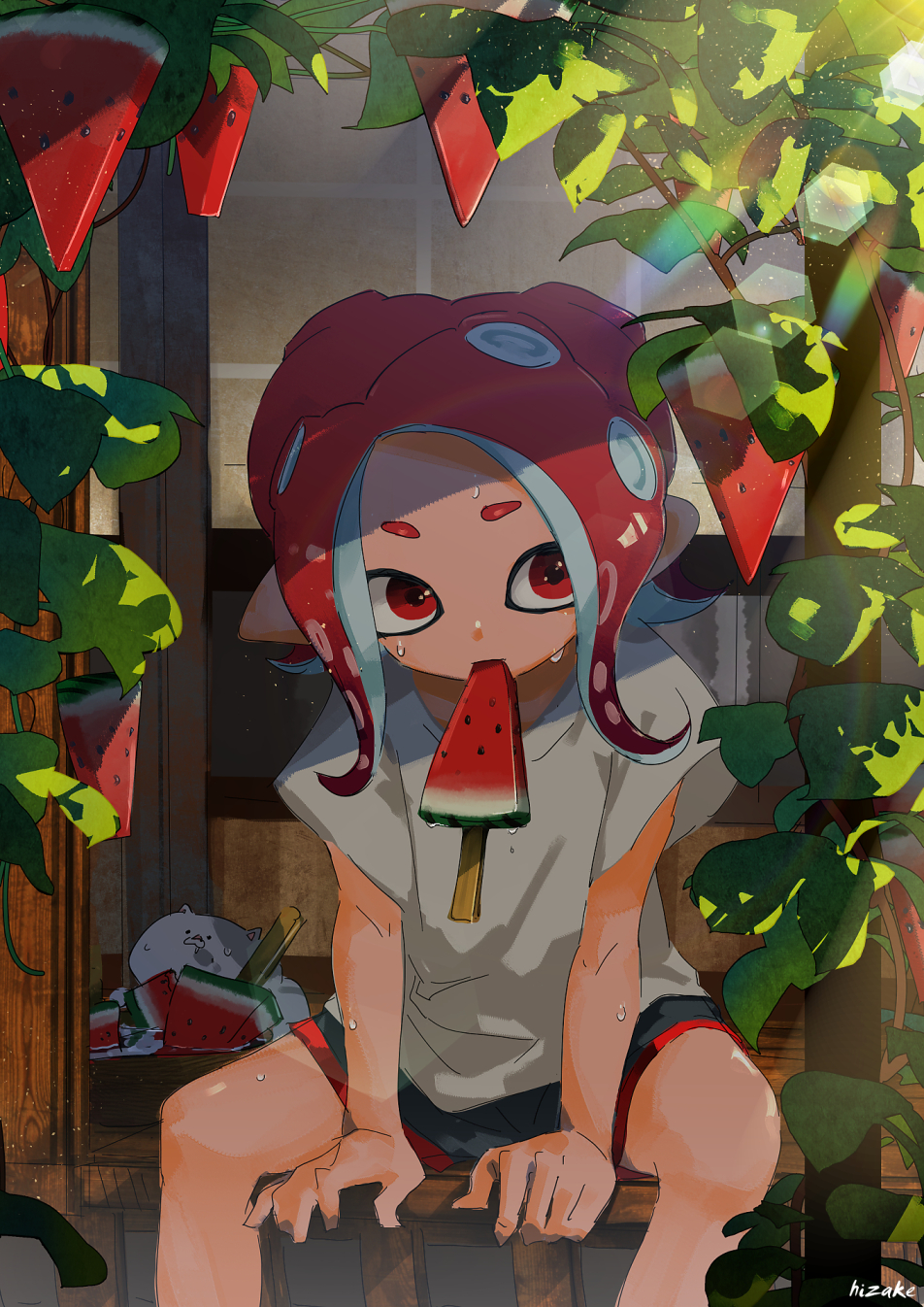 black_shorts cat food food_in_mouth grey_shirt highres hot kashu_(hizake) kojajji-kun_(splatoon) leaf lens_flare looking_at_viewer medium_hair monster_girl mouth_hold octarian octoling plant pointy_ears popsicle rainbow red_eyes red_hair shade shirt short_eyebrows short_sleeves shorts signature sitting splatoon_(series) splatoon_2 splatoon_2:_octo_expansion suction_cups summer sunlight sweat tentacle_hair vines watermelon_bar wooden_floor