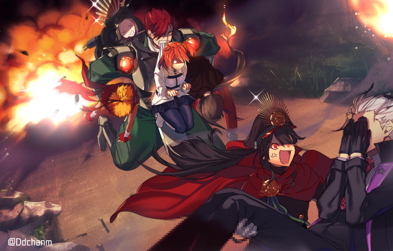 4boys akechi_mitsuhide_(fate/grand_order) anger_vein black_hair blonde_hair cape carrying carrying_over_shoulder carrying_under_arm chacha_(fate/grand_order) covering_face dd_(vktr4837) explosion fate/grand_order fate_(series) fiery_hair fujimaru_ritsuka_(female) hair_over_one_eye hat japanese_clothes koha-ace mori_nagayoshi_(fate) mouth_hold multiple_boys multiple_girls oda_nobukatsu_(fate/grand_order) oda_nobunaga_(fate) orange_hair peaked_cap princess_carry red_cape red_eyes red_hair running spiked_hair toyotomi_hideyoshi_(koha-ace) twitter_username unconscious x_x