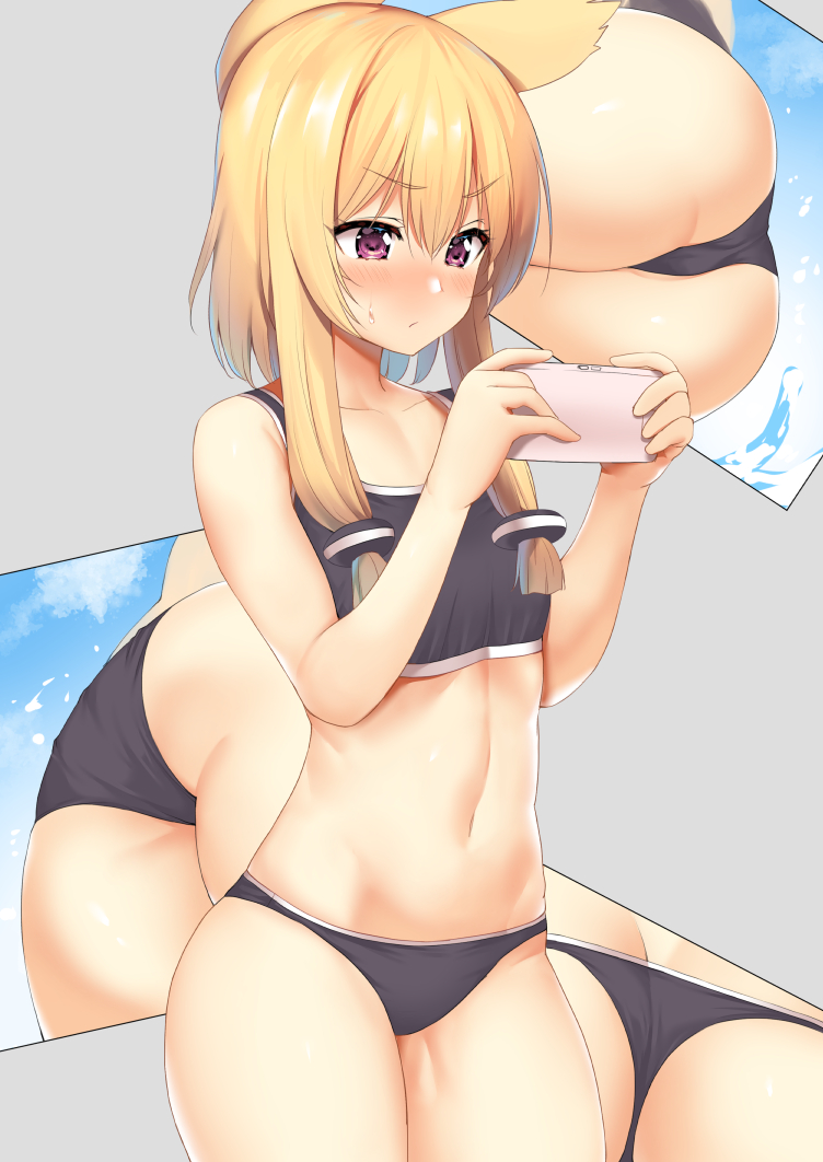 ass azur_lane bangs bare_shoulders bikini blonde_hair blush body_mahattaya_ginga breasts cellphone closed_mouth collarbone commentary_request eyebrows_visible_through_hair grey_background grey_bikini hair_between_eyes hair_flaps hips multiple_views navel phone purple_eyes short_hair_with_long_locks sidelocks simple_background small_breasts swimsuit thighs warspite_(azur_lane)