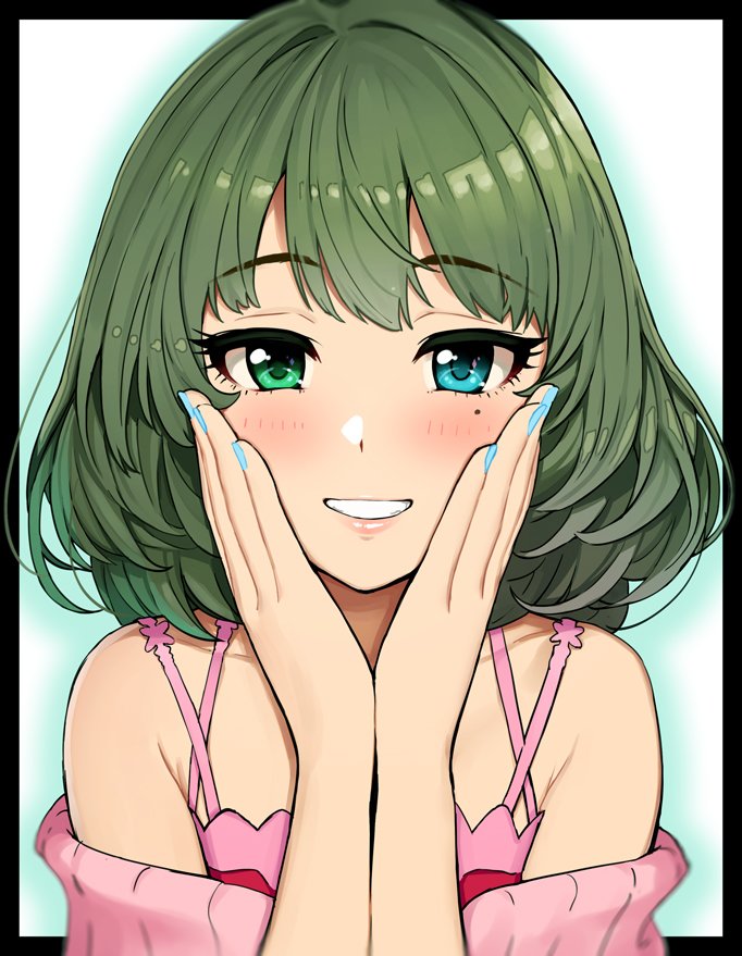 bangs bare_shoulders blue_eyes blue_nails blush cardigan collarbone eyelashes green_eyes green_hair grin hands_on_own_cheeks hands_on_own_face heterochromia idolmaster idolmaster_cinderella_girls looking_at_viewer mole mole_under_eye nail_polish off_shoulder omaru_gyuunyuu open_cardigan open_clothes pink_camisole pink_sweater short_hair smile solo sweater swept_bangs takagaki_kaede white_background