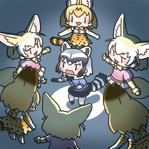 :3 :d animal_ears blonde_hair blush chibi commentary_request common_raccoon_(kemono_friends) elbow_gloves facing_away fennec_(kemono_friends) fox_ears fox_tail from_behind gloves grey_hair inukoro_(spa) kemono_friends lowres multiple_girls multiple_persona open_mouth raccoon_ears raccoon_tail serval_(kemono_friends) serval_ears serval_print serval_tail smile tail |_|