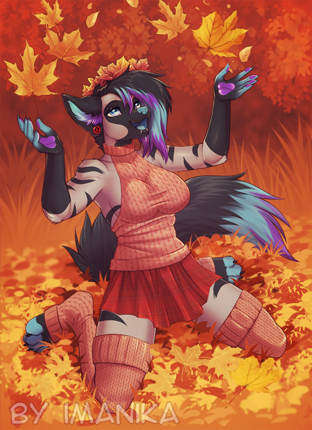 2018 4_toes 5_fingers absolute_territory anthro autumn blue_nose breasts clothed clothing day digital_media_(artwork) female hyena imanika kneeling legwear mammal miniskirt outside skirt solo stockings striped_hyena toes