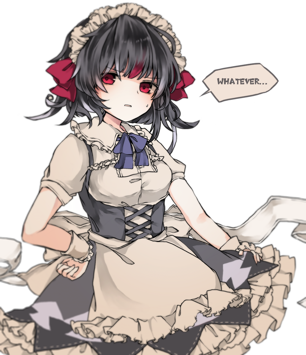 alternate_costume apron bangs black_hair breasts dress english enmaided eyebrows_visible_through_hair hand_on_hip highres kijin_seija maid maid_apron maid_headdress medium_breasts multicolored_hair open_mouth puffy_short_sleeves puffy_sleeves red_eyes red_hair sato_imo short_hair short_sleeves simple_background solo speech_bubble streaked_hair touhou white_apron white_background white_hair