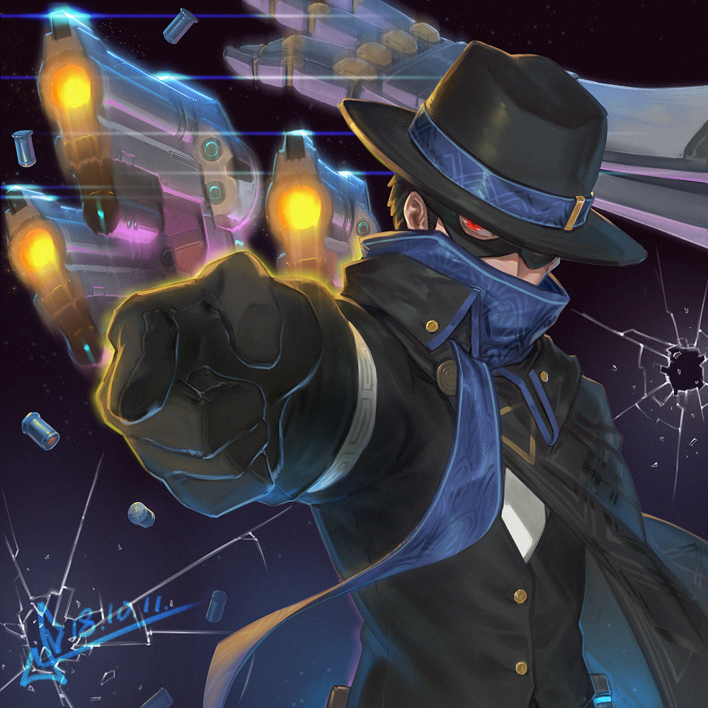 afterimage aiming alternate_costume black_hair broken_glass bullet_hole commentary_request covered_mouth dated fedora fourth_wall glass gun handgun hat hat_over_one_eye high_collar jojo_no_kimyou_na_bouken lens_flare_abuse matthew_mercer mccree_(overwatch) mystery_man_mccree overwatch parody pistol pointing pointing_forward red_eyes revolver scarf seiyuu_connection shell_casing short_hair solo_focus squidsmith stand_(jojo) star_platinum waistcoat weapon
