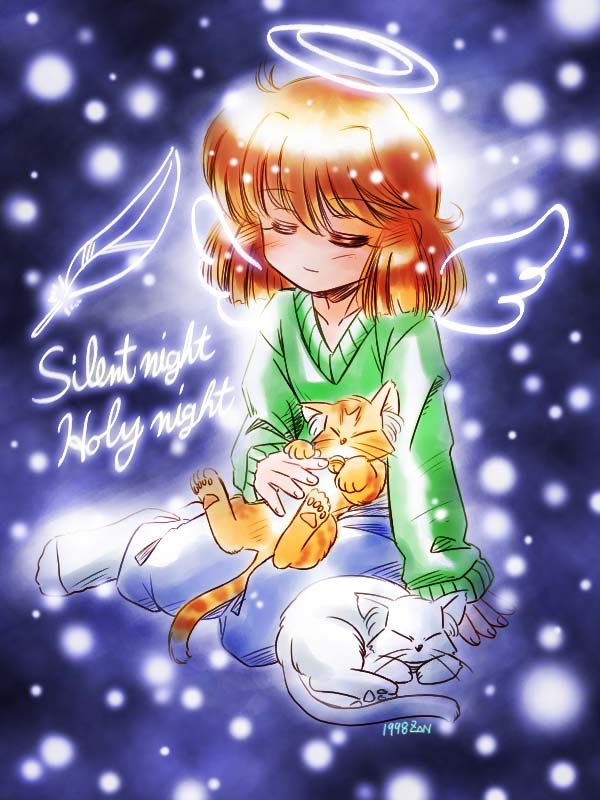 angel_wings cat closed_eyes commentary_request dated denim english eyebrows_visible_through_hair feathers green_sweater halo jeans light_smile orange_eyes orange_hair original pants shiny shiny_hair signature snow socks sweater v-neck wings zan_nekotama