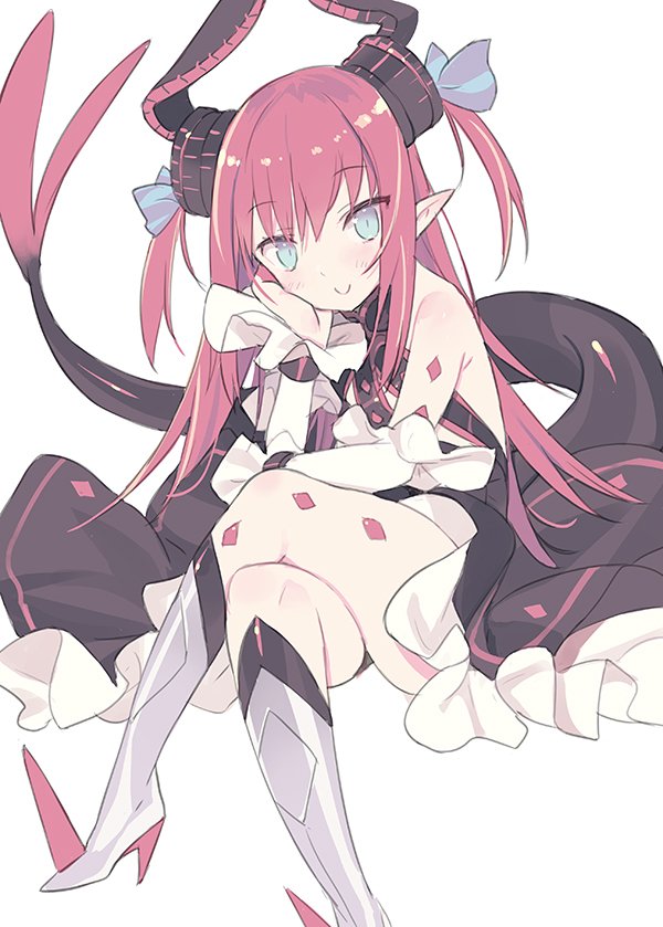 arm_support armored_boots bangs bare_shoulders black_dress blade_(galaxist) blue_eyes blue_ribbon blush boots closed_mouth commentary_request crossed_legs curled_horns detached_sleeves dragon_girl dragon_horns dragon_tail dress elizabeth_bathory_(fate) elizabeth_bathory_(fate)_(all) eyebrows_visible_through_hair fate/extra fate/extra_ccc fate_(series) frilled_dress frills hair_between_eyes hair_ribbon head_tilt horns knee_boots long_hair long_sleeves looking_at_viewer red_hair ribbon sitting smile solo spiked_boots spikes tail two_side_up very_long_hair white_footwear